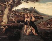 扬 莫斯塔特 : Hilly River Landscape with St Christopher